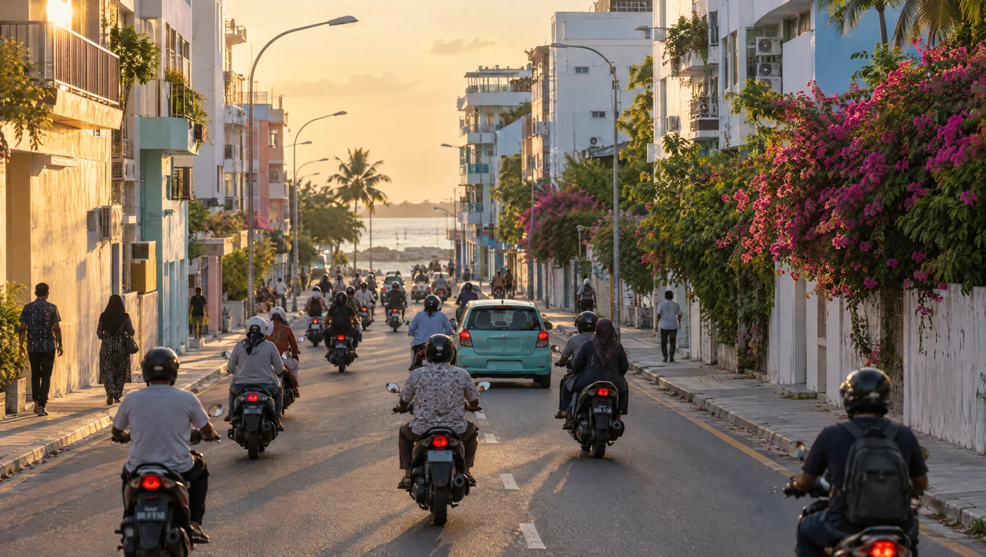 Scooters riding down a Malé street at golden hour